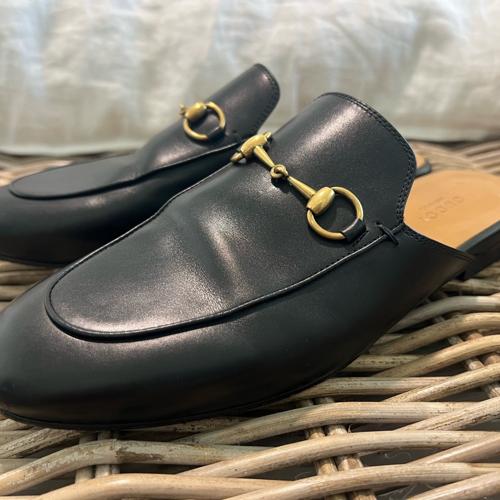Gucci Black Leather Mules with Gold Hardware